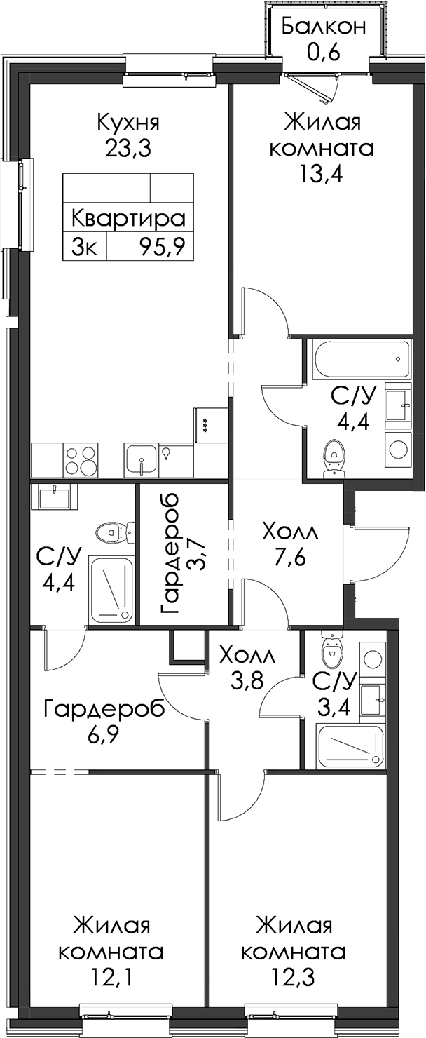 3-комнатная квартира 95.9 м², 9/12 эт., ЖК «Шкиперский 19»